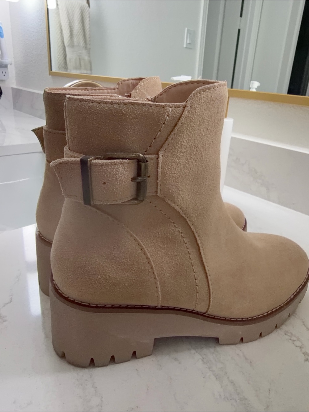 Aqua College Beige Suede Ankle Boots with Buckle - Women Shoes